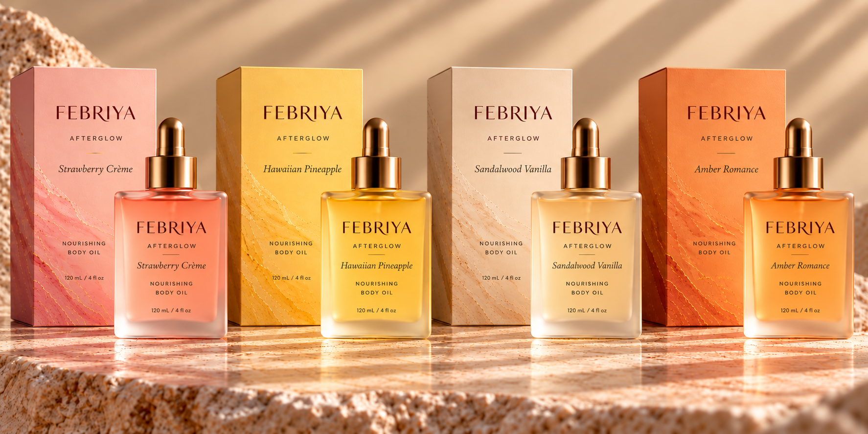 FEBRIYA AFTERGLOW: four body oil bottles with gold droppers and matching scent-colored boxes on warm stone